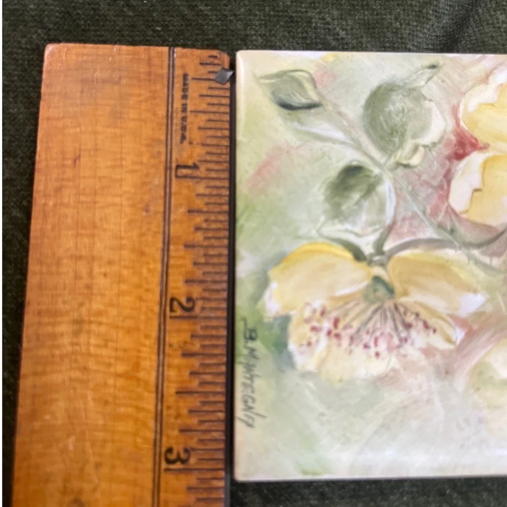 Hand Painted B.Mantegna H&R Johnson Tile Pen Stand Yellow Rose Shabby Chic